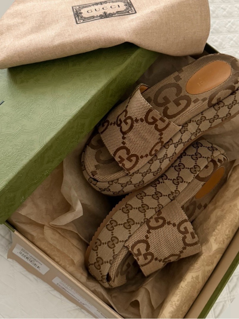 Gucci Brown Beige Logo Platform Slide Sandals